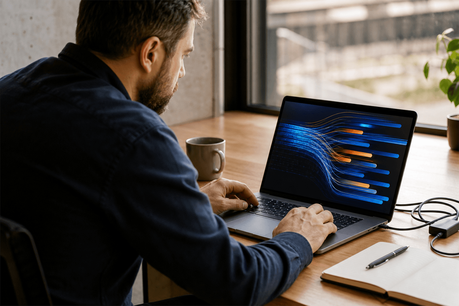 Network analyst comparing encoded response body sizes on a laptop in a daylight office