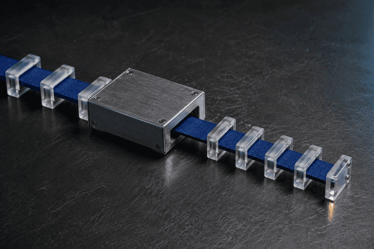 Cobalt ribbon passing through a metal gateway, with wider frames before it and shorter frames after it.