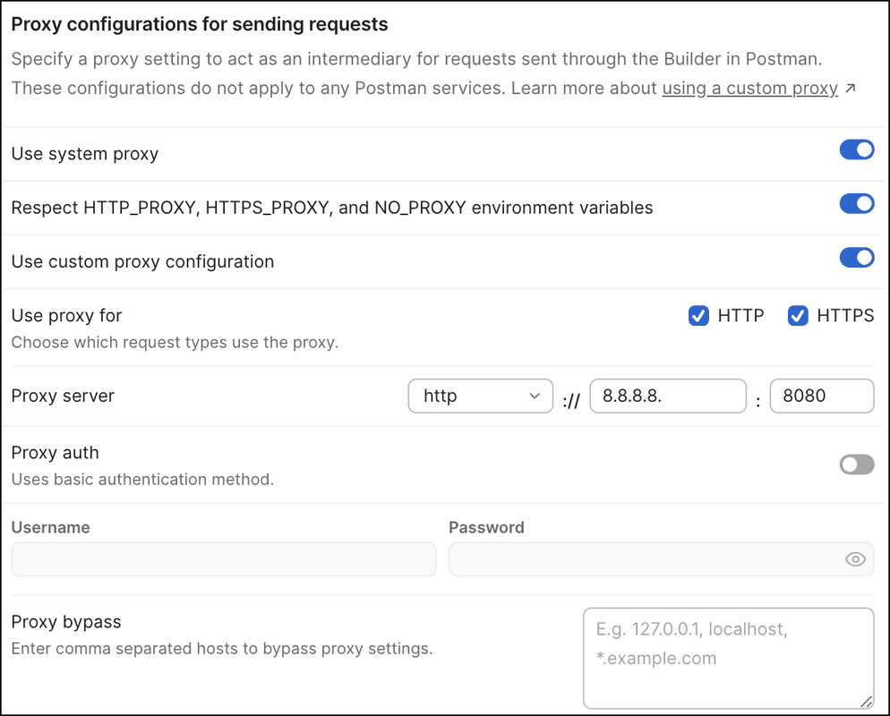 Postman v12 custom proxy fields for protocol, host, port, authentication, and bypass rules