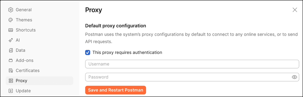 Postman v12 desktop Proxy tab showing default proxy authentication settings