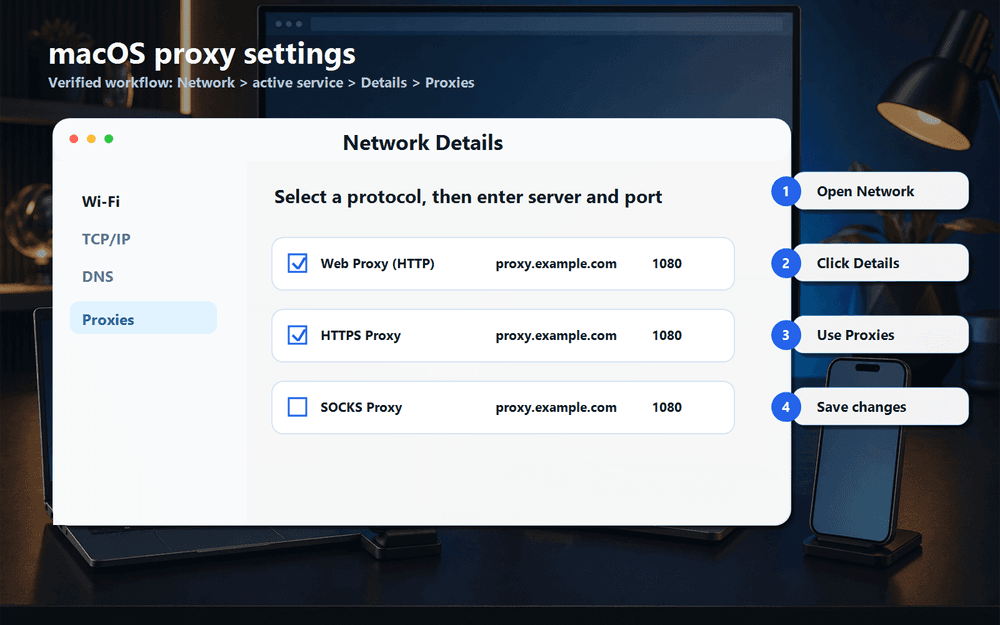 macOS Network Details Proxies tab showing HTTP HTTPS and SOCKS proxy fields.