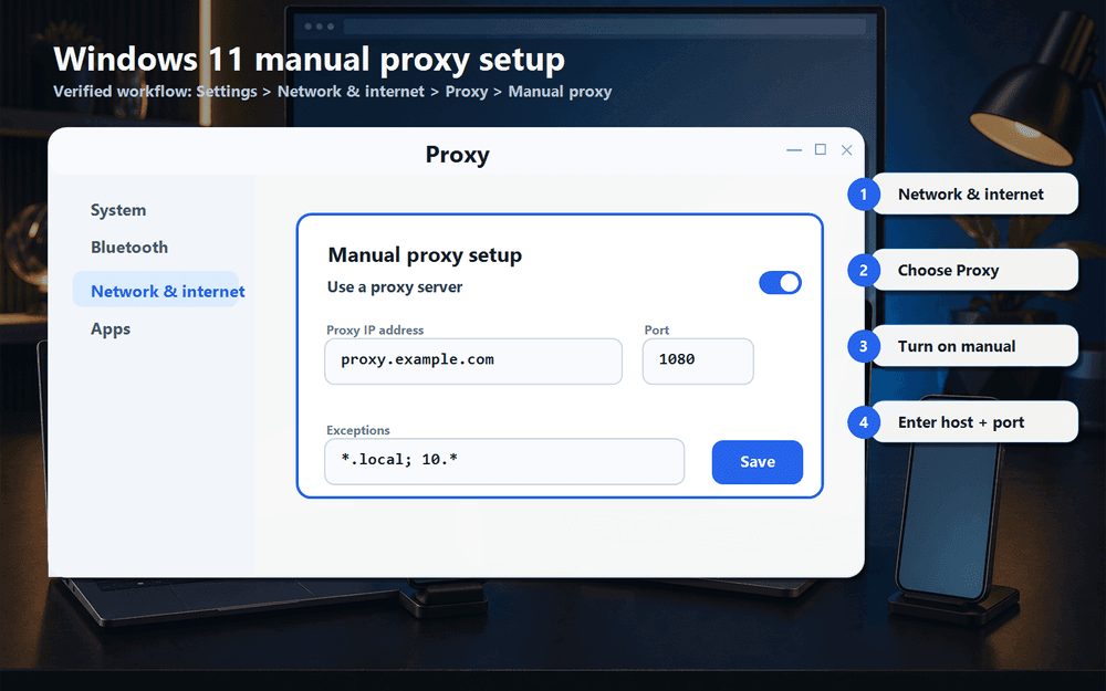 Windows 11 manual proxy settings showing host and port fields with safe placeholder values.