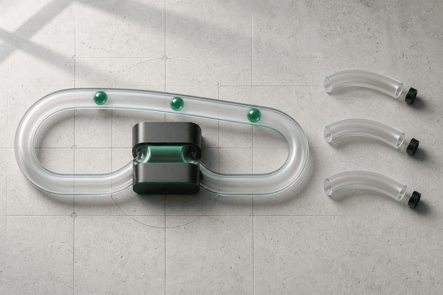 Glass connection loop carrying three requests beside three separate open tubes
