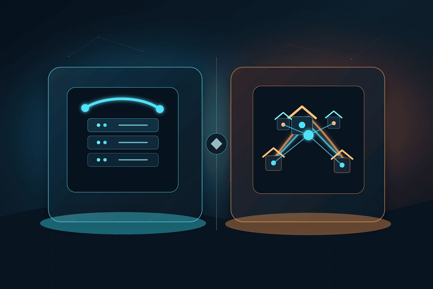 Split proxy comparison scene showing stable ISP-style infrastructure beside residential network diversity