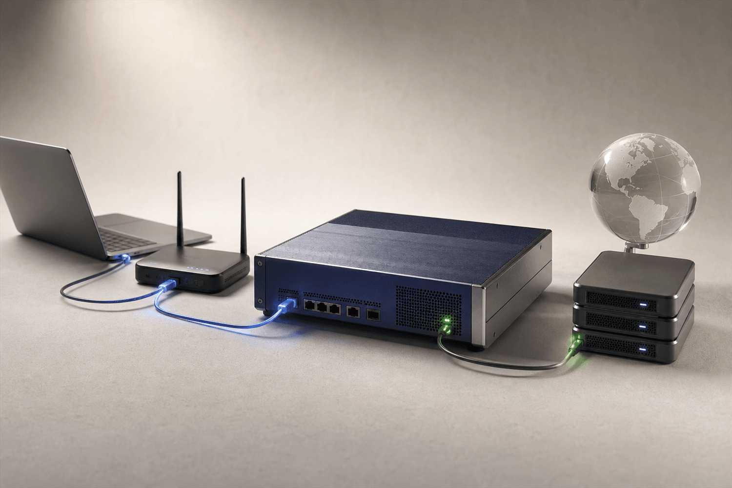 Laptop and router connected through a proxy gateway appliance to public destination servers