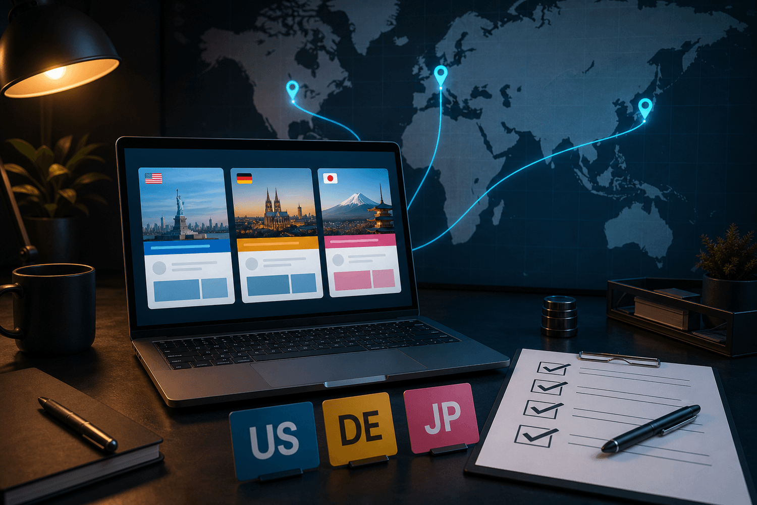 QA workspace testing localized website pages from US, Germany, and Japan