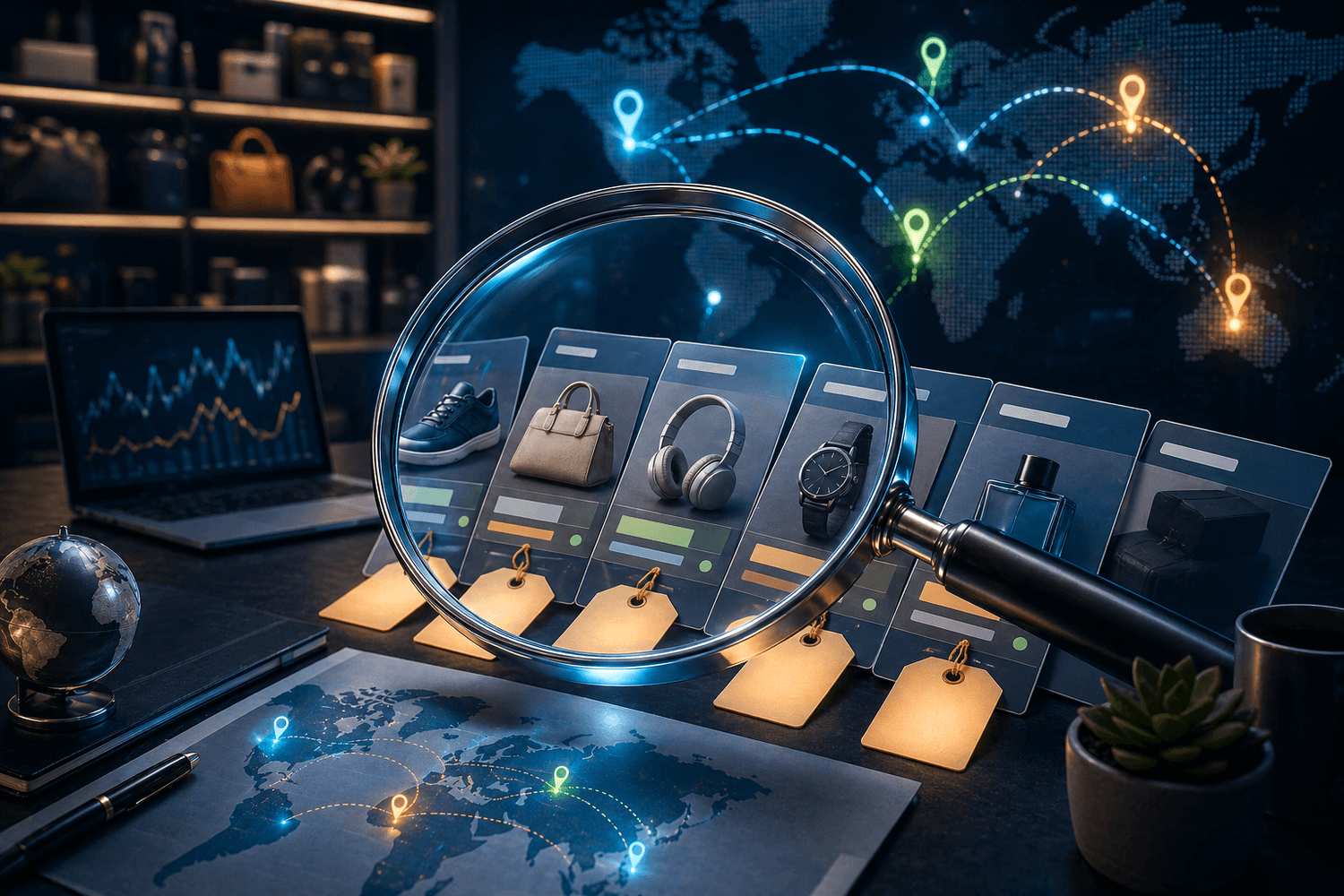 Ecommerce product cards under a magnifying lens with regional proxy routing lines
