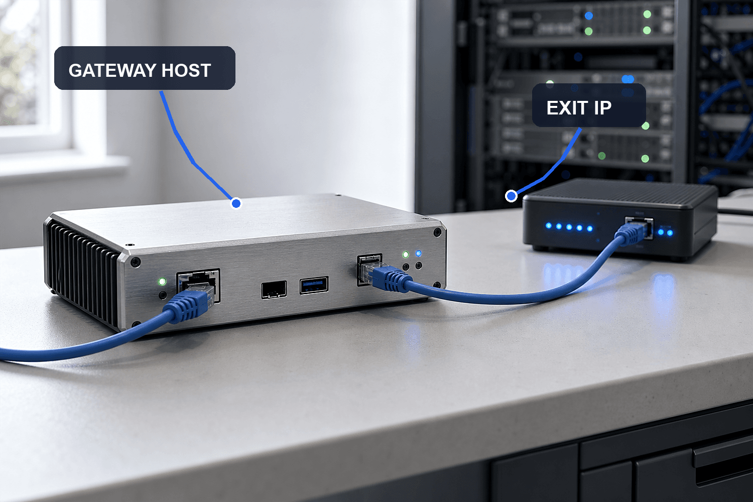 Network gateway device connected to a separate exit IP node on a bright workbench