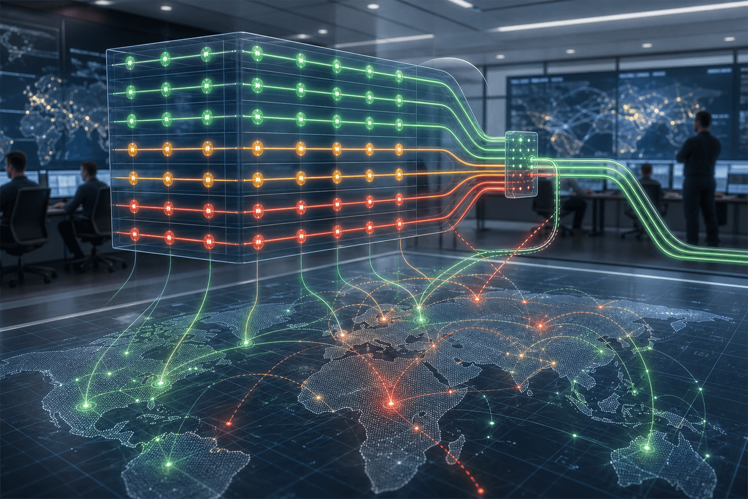 Proxy pool management control room with healthy, cooling, and failed network routes