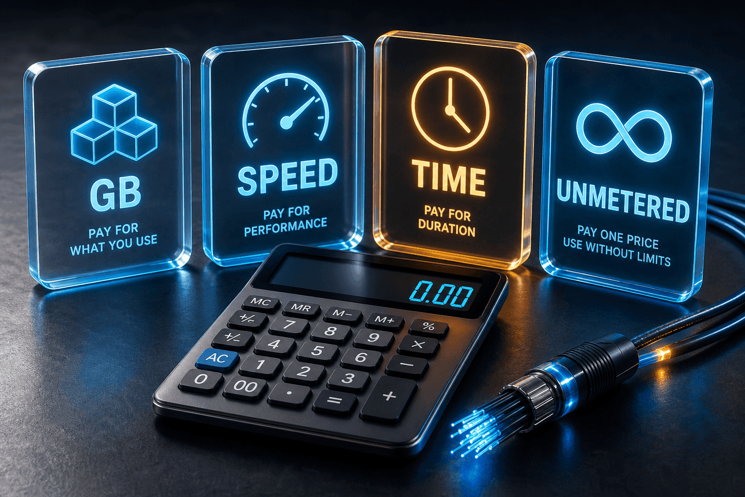 Proxy pricing model cards for GB, speed, time, and unmetered billing beside a calculator
