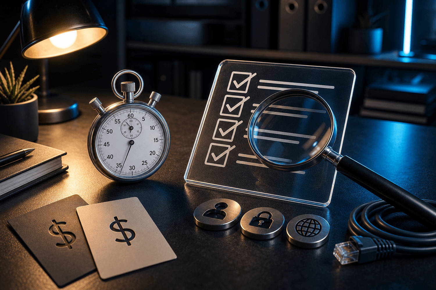 Proxy trial checklist with stopwatch, magnifying glass, and buyer testing tokens