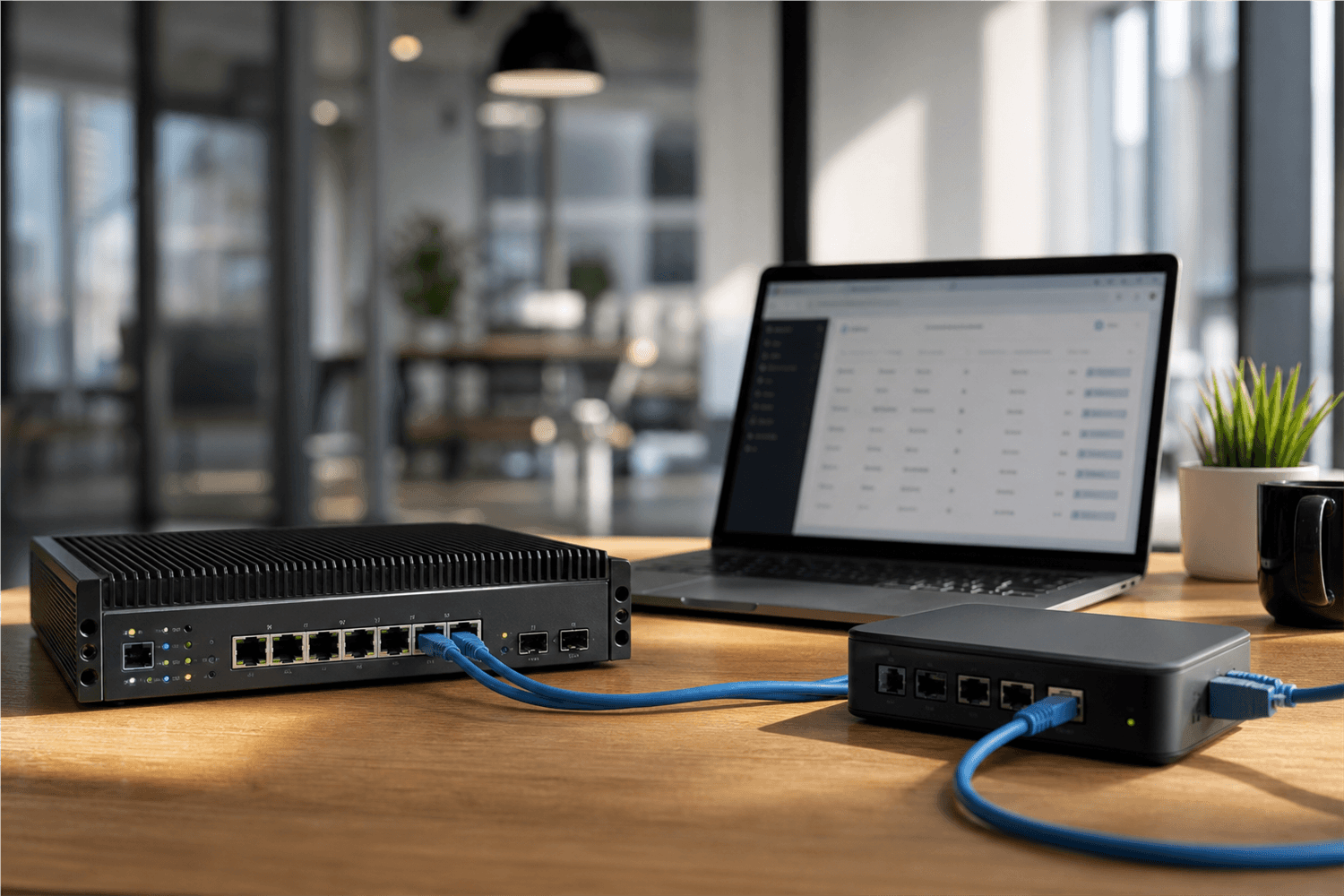 Office network setup showing separate firewall and proxy gateway hardware for a proxy vs firewall article